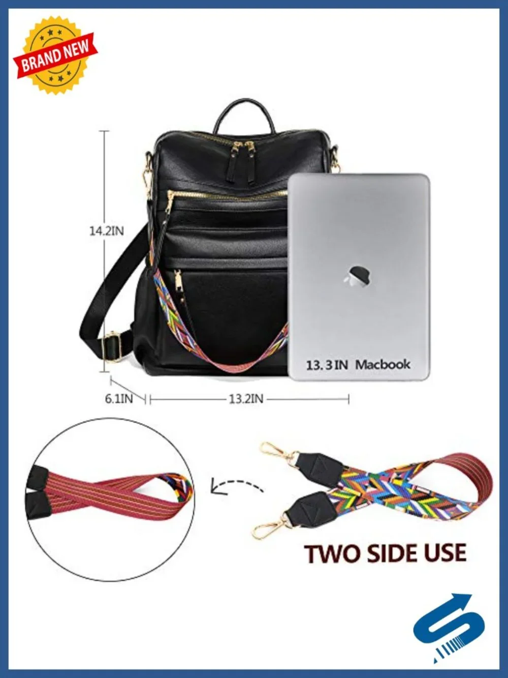 PU Leather Travel Backpack with Multiple Pockets, U-Shaped Zipper, Detachable